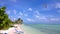 Kitesurfer over a beautiful tropical beach with green palm trees and pacific crystal turquoise water. Cayo Guilermo, Cuba