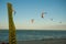 Kitesurfing. Evening landscape of a small island and the sea. Boracay, Philippines.