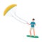 Kitesurfing sportsman on board with parachute, flat vector illustration isolated.