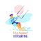 Kitesurfing. Vector illustration. Sportsman kitesurfer.