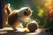 kitten batting around brightly colored ball of thread, chasing it through the sun-dappled garden