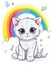 Kitten with cute eyes smiling. Cute colorful kitten sitting bundle illustration. Baby cat set design with rainbows on a white