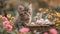 A kitten finding baby rabbit in an Easter basket with eggs, in a springtime garden