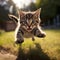 Kitten jumping outside in the air cure fur soft light running