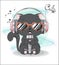 Kitten with microphone, earphones and sunglasses