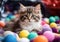 Kitten in the middle of balls of wool. Winter time. AI generated