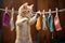 a kitten pawing at a hanging line of drying wool socks