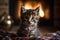 Kitten In Plaid With Defocused Fireplace In Background. Generative AI