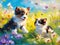 Kitten and puppy play together in a flower meadow. Impressionism style oil painting.