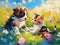 Kitten and puppy play together in a flower meadow. Impressionism style oil painting.