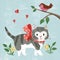 kitten with ribbon in retro style and bird