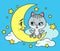 Kitten sits on the crescent moon and tells something color variation for coloring page