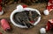 Kitten sleeps in santa claus hat. Christmas cat pet sleeping. Presents concept. Portrait of kitten. Adorable tabby animal, pet,