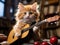 Kitten strums tiny guitar amidst music sheets
