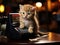 Kitten swipes credit card on barstool