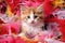 kitten tangled in feather boa, playful expression