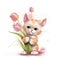 Kitten and Tulip on white background.