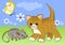 Kitten watching mouse on the green blooming meadow. Yellow butterfly flying over white flowers. Cheerful spring illustration with