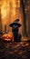 Kitten in a witch\\\'s hat in the autumn forest. Place for text. Generative AI