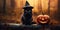 Kitten in a witch\\\'s hat in the autumn forest. Place for text. Generative AI