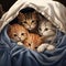 Kittens cozily nestled together beneath a soft blanket.