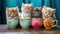 Kittens pose for a photo in flowerpots. Ai generative