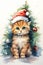 Kitty Cat Kitten Wearing Santa Hat Sitting Front Tree Trend Gree