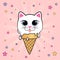 Kitty ice cream. Cute little kitten in a waffle cone on pink background