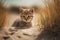 Kitty in nature on summer dune background. Closeup animal portrait. Ai generated