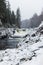 Kivach Falls on a winter day. Vertical landscape photo, Karelia