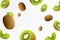 Kiwi background. Flying whole and half of kiwi fruit with defocused blurry effect. Can be used for wallpaper, banner, poster,