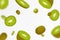 Kiwi background. Flying whole and half of kiwi fruit, seamless pattern with defocused blur effect. Can be used for wallpaper,