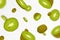 Kiwi background. Flying whole and half of kiwi fruit, seamless pattern with defocused blur effect. Can be used for wallpaper,