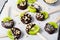 Kiwi Coved In Chocolate with Shredded Coconut and Nuts on a Stick, Healthy Snack on Bright Background