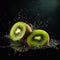 Kiwi halves in splashes of water on a black background. Generative AI