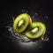 Kiwi halves in splashes of water on a black background. Generative AI