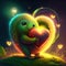 Kiwi hugging heart Valentine\\\'s day greeting card with cute green hedgehog holding heart. AI generated ani