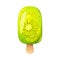 Kiwi ice cream, fruit popsicle on a wooden stick with kiwi pieces. Summer cold dessert, frozen juice.