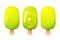 Kiwi ice cream set, fruit popsicle on a wooden stick with kiwi pieces. Summer cold dessert, frozen juice, fruit ice.