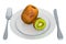 Kiwi on plate with fork and knife, 3D rendering