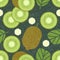 Kiwi seamless pattern. Whole and sliced kiwi fruits with leaves and flowers on shabby background. Original simple flat illustratio