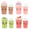 Kiwi Strawberry Chocolate Coffee Take-out smoothie transparent plastic cup with straw and whipped cream. Kawaii cute face with eye