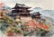 Kiyomizu-dera Temple watercolor painting in kyoto Japan