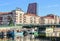 Klaipeda city center, Dange River embankment, and port buildings, Klaipeda, Lithuania. View on K center.