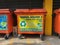 Klang,Malaysia: March 10, 2021- Front view of recycle bins for collection of recycle materials