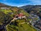 Klausen, Italy - Aerial view of the SÃ¤ben Abbey Monastero di Sabiona with Chiusa Klausen comune