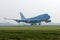 KLM Jumbo Boeing B747 plane landing on Polderbaan, Amsterdam Airport Schiphol AMS