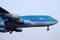 KLM Jumbo Boeing B747 plane in the sky, close up view