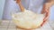 Kneading cake dough - ingredients - flour and sugar, eggs and butter