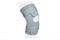 Knee Support Brace on leg isolated on white background. Orthopedic Anatomic Orthosis. Braces for knee fixation, injuries and pain.